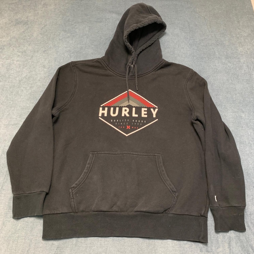 Hurley Hoodie Mens Large Black Graphic Logo Fleece Lined Streetwear Pullover
